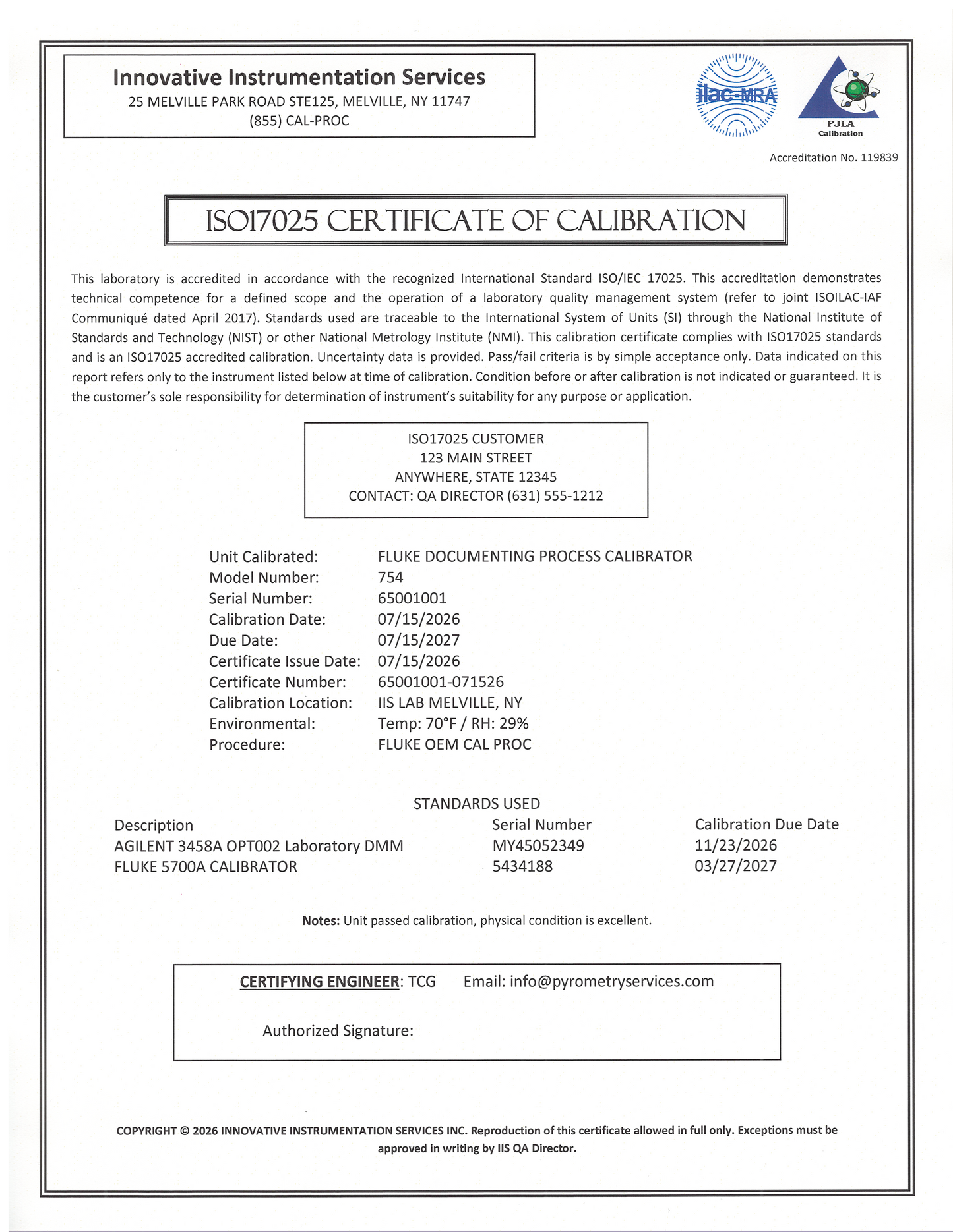 FLUKE 754 ISO17025 CALIBRATION